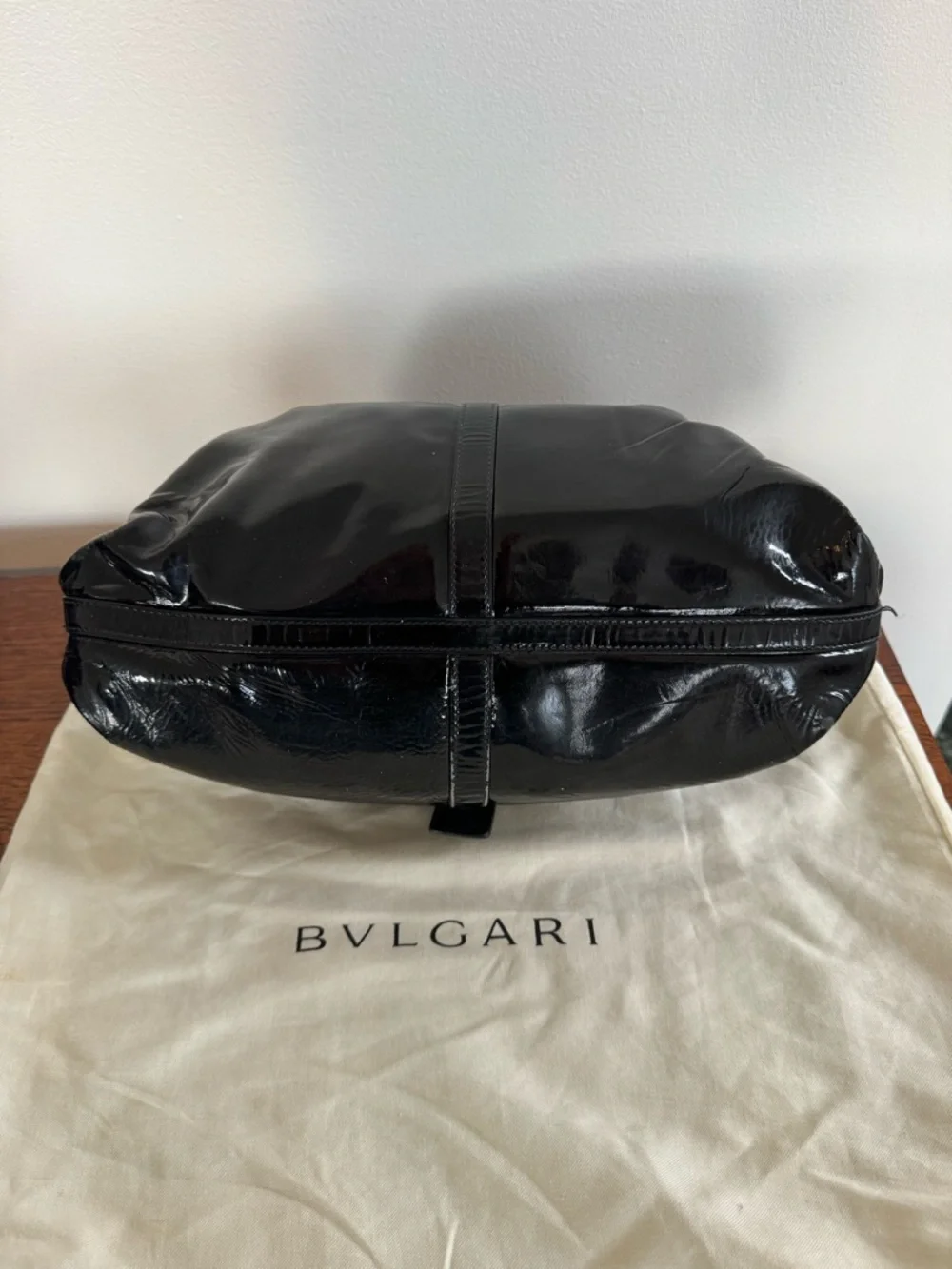 Bvlgari Chandra Black Patent Leather Hobo Bag with Gold Ring Hardware with COA